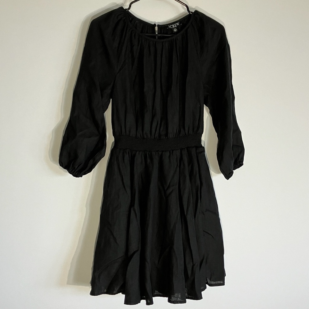 J. Crew Size XXS Palermo Dress Long Slv Smocked Waist Fitted Linen Black NEW NWT